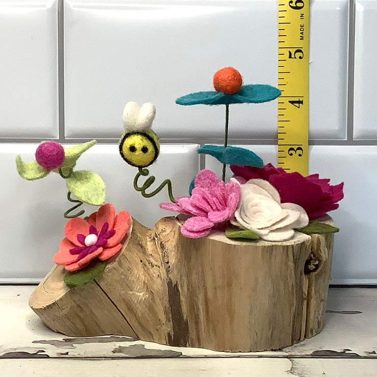 Flower Garden, Bee & flora on Natural Wood Base