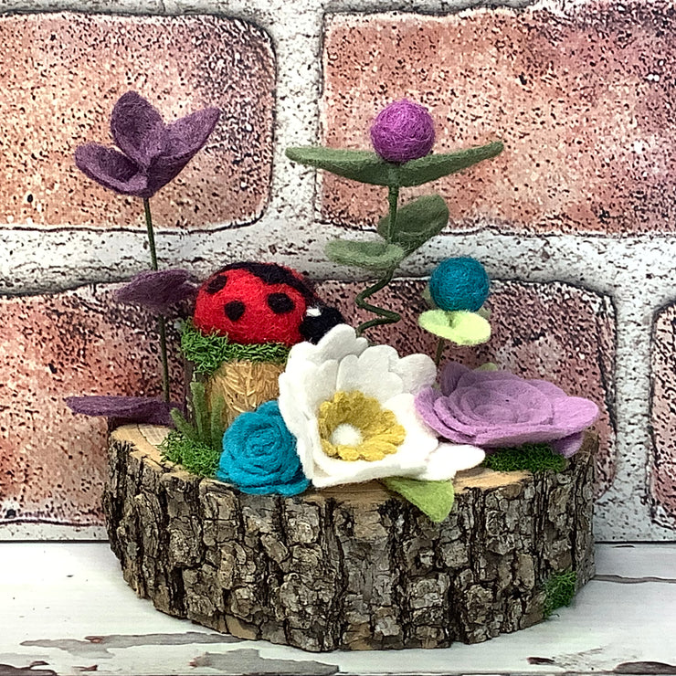 Flower Garden, LadyBug & flora on Natural Wood Base