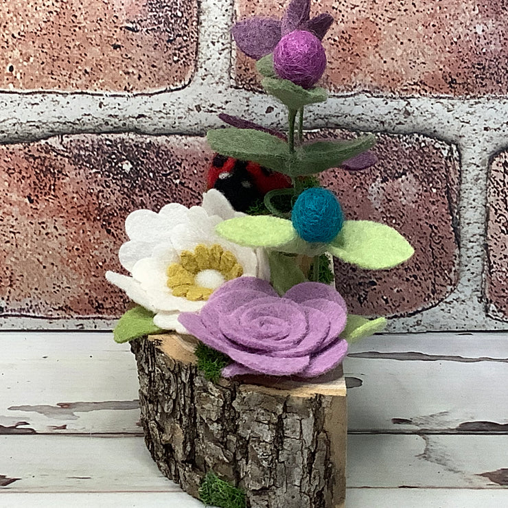 Flower Garden, LadyBug & flora on Natural Wood Base