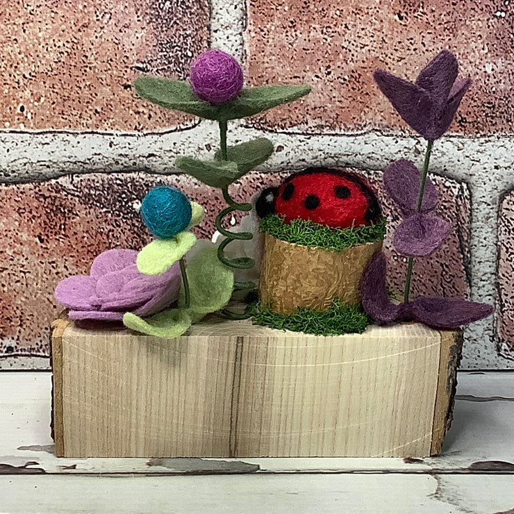 Flower Garden, LadyBug & flora on Natural Wood Base