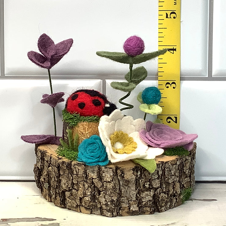 Flower Garden, LadyBug & flora on Natural Wood Base