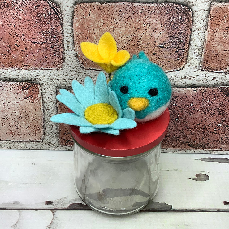 Wooly Teal Birdy & Flora on Red Stash-it Jar