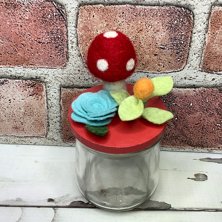 Wooly Red Mushroom & Flora on Red Stash-it Jar