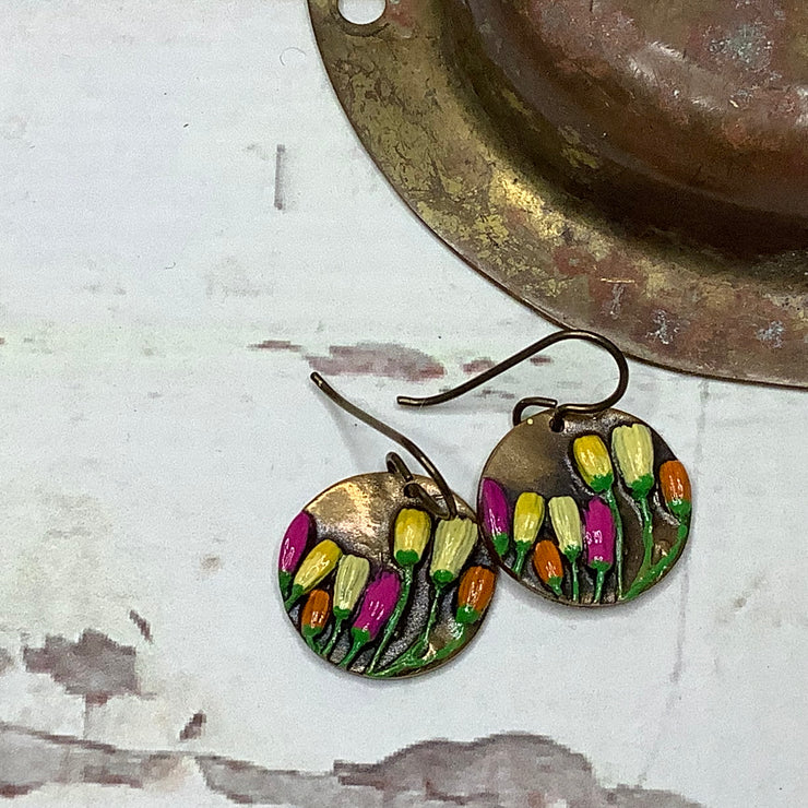 Coby/Hand Painted Flora Bronze Charm Brass Earrings