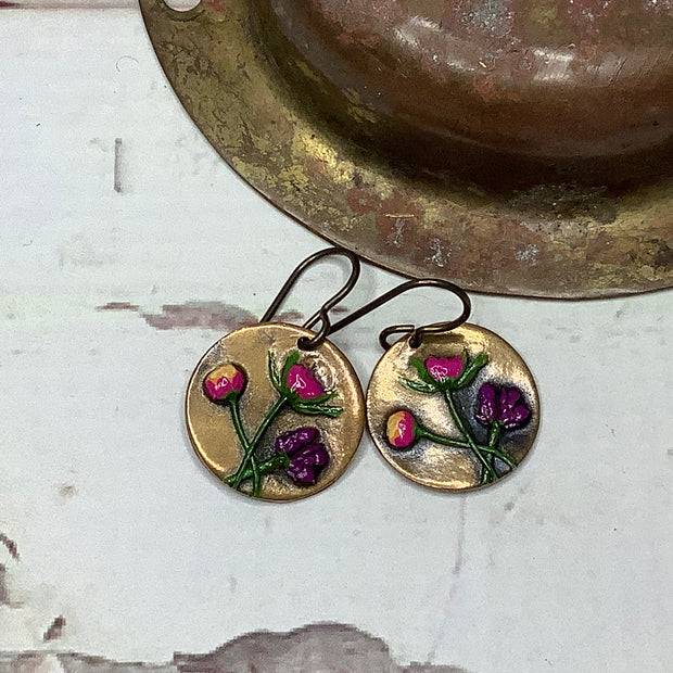 Bea/Hand Painted Flora Bronze Charm Brass Earrings