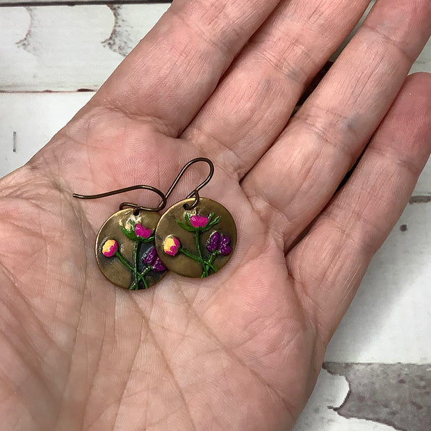 Bea/Hand Painted Flora Bronze Charm Brass Earrings