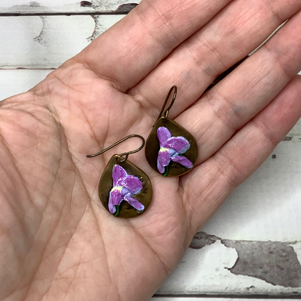 Ana/Hand Painted Flora Bronze Charm Brass Earrings