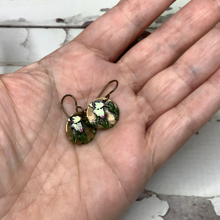 Grace/Hand Painted Flora Bronze Charm Brass Earrings