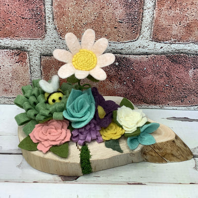 Pale Peach Flower Garden with Bee on Natural Wood Base