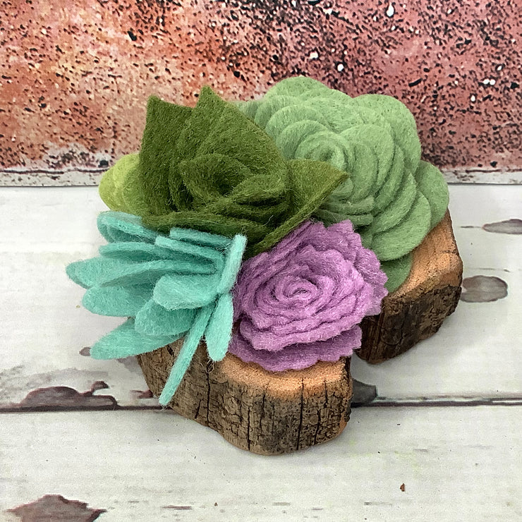 Lavender Succulent Garden on Natural Wood Base