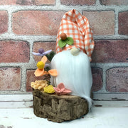 Peach Check Gnome & Flora on Natural Wood Base