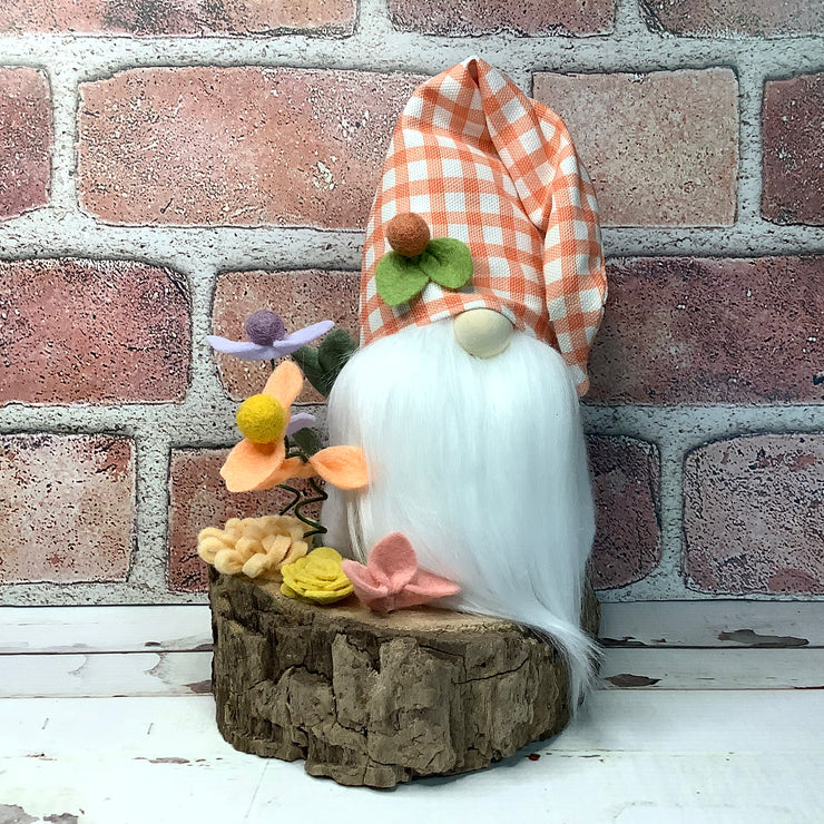 Peach Check Gnome & Flora on Natural Wood Base