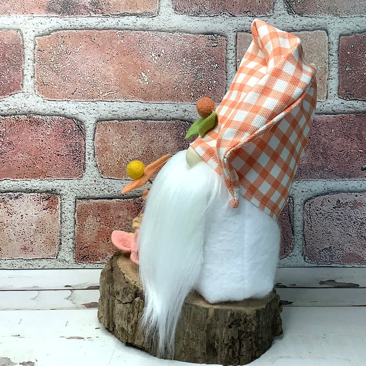 Peach Check Gnome & Flora on Natural Wood Base