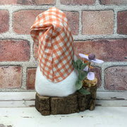 Peach Check Gnome & Flora on Natural Wood Base