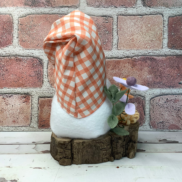 Peach Check Gnome & Flora on Natural Wood Base