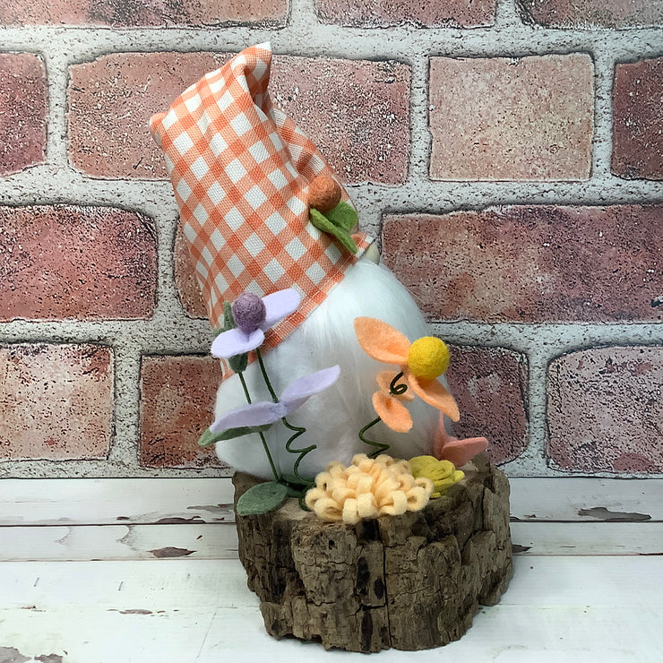 Peach Check Gnome & Flora on Natural Wood Base