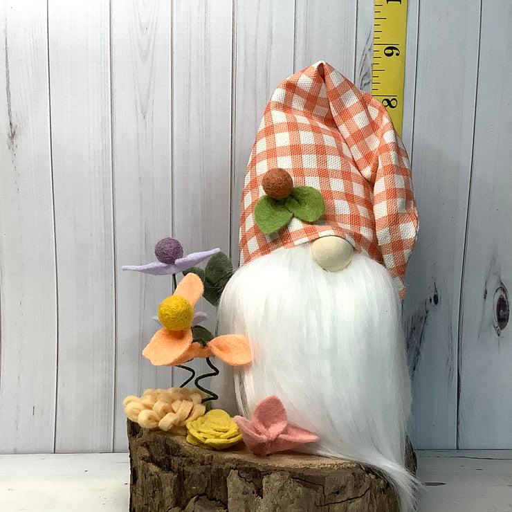 Peach Check Gnome & Flora on Natural Wood Base