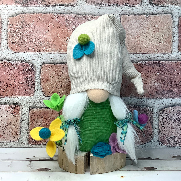 Cream & Green Girl Gnome & Flora on Natural Wood Base