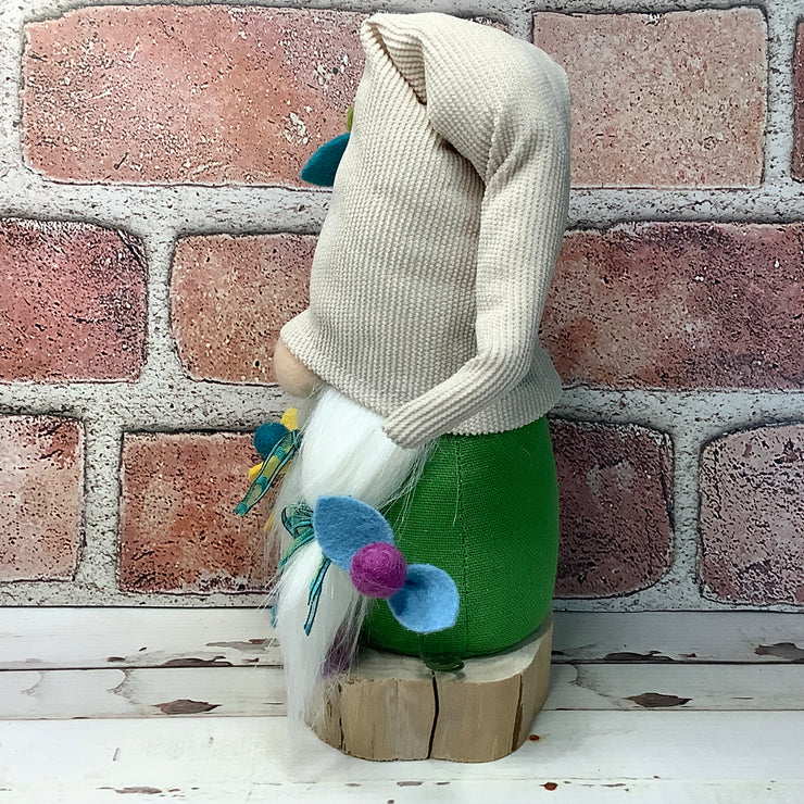 Cream & Green Girl Gnome & Flora on Natural Wood Base