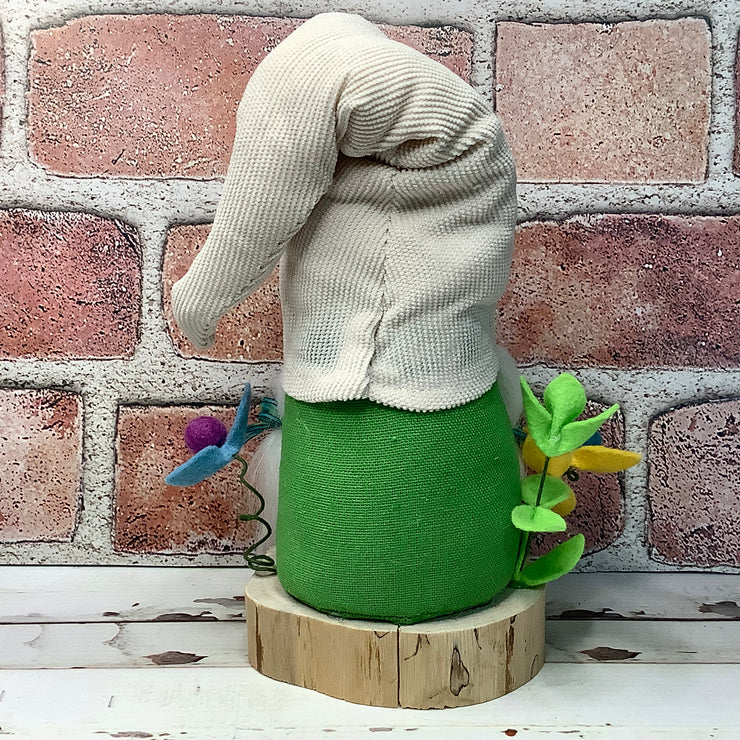 Cream & Green Girl Gnome & Flora on Natural Wood Base
