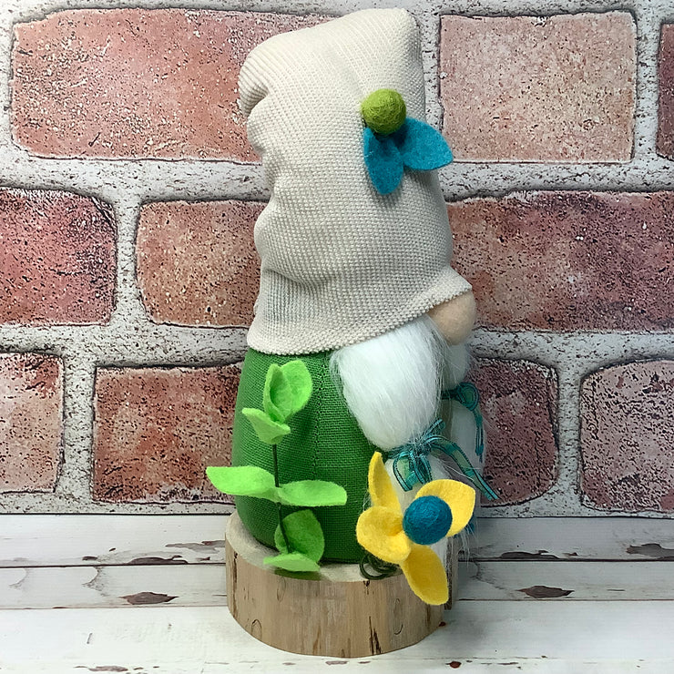 Cream & Green Girl Gnome & Flora on Natural Wood Base