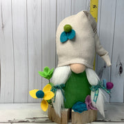 Cream & Green Girl Gnome & Flora on Natural Wood Base