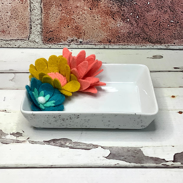 Mustard, Teal & Coral Felt Flowers/Trinket Dish by lydeen