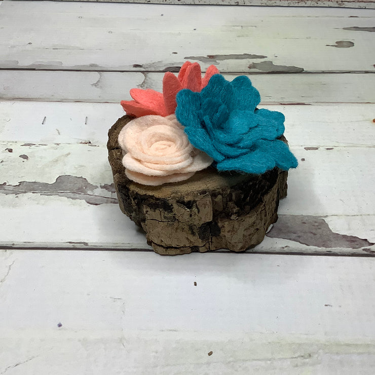 Teal, Bright Coral & Light Peach Mini Succulent Garden on Natural Wood Base