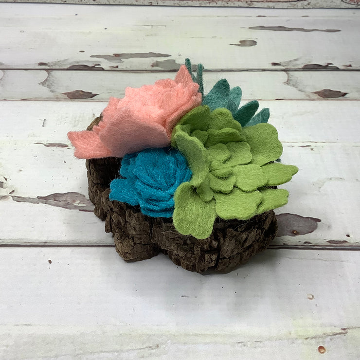 Rose, Green & Teal Small Succulent Garden on Natural Wood Base
