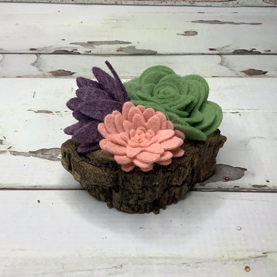 Rose, Green & Eggplant Mini Succulent Garden on Natural Wood Base