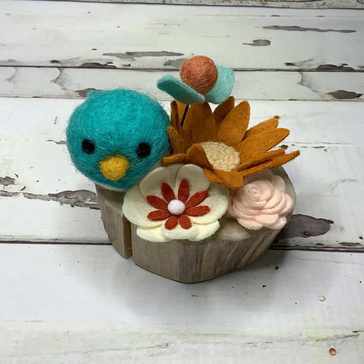 Wooly Turquoise Birdy & Cinnamon Flora on Natural Wood Base
