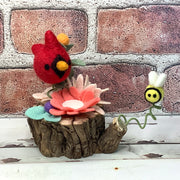 Wooly Cardinal, Bee with Coral & Blush Flora on Natural Wood Base