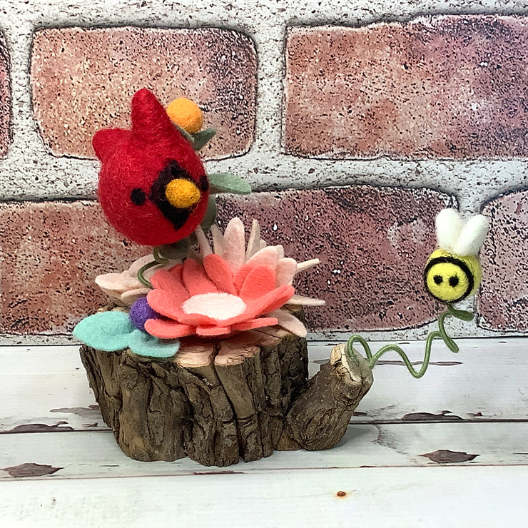 Wooly Cardinal, Bee with Coral & Blush Flora on Natural Wood Base