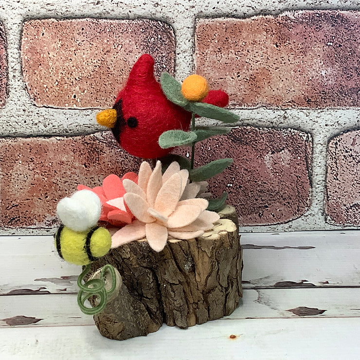 Wooly Cardinal, Bee with Coral & Blush Flora on Natural Wood Base
