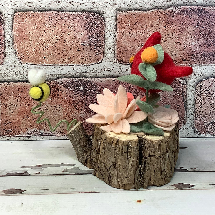 Wooly Cardinal, Bee with Coral & Blush Flora on Natural Wood Base