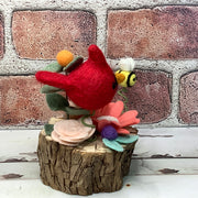 Wooly Cardinal, Bee with Coral & Blush Flora on Natural Wood Base