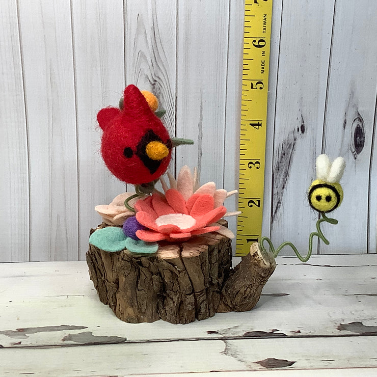 Wooly Cardinal, Bee with Coral & Blush Flora on Natural Wood Base