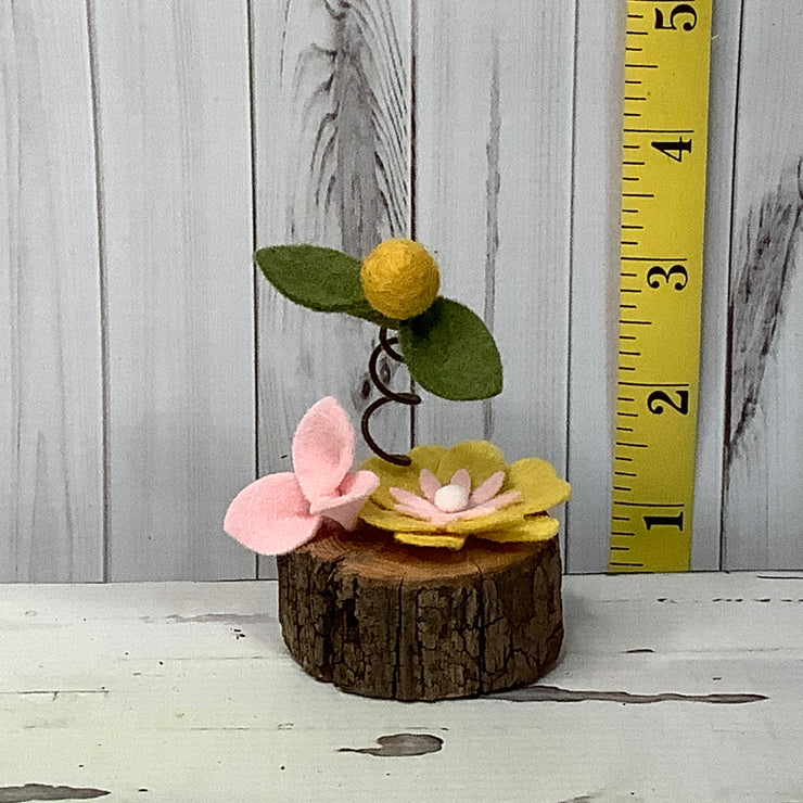 Pink & Yellow Mini Flower Garden on Natural Wood Base