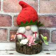 Strawberry Hat Gnome Girl & Flora on Natural Wood Base