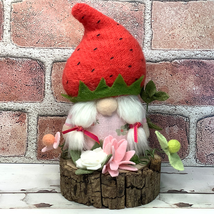 Strawberry Hat Gnome Girl & Flora on Natural Wood Base