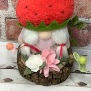 Strawberry Hat Gnome Girl & Flora on Natural Wood Base