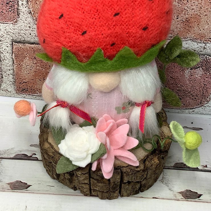 Strawberry Hat Gnome Girl & Flora on Natural Wood Base