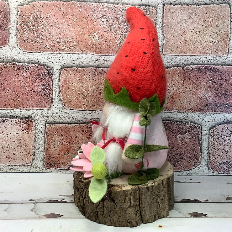 Strawberry Hat Gnome Girl & Flora on Natural Wood Base