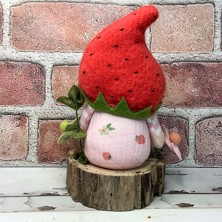 Strawberry Hat Gnome Girl & Flora on Natural Wood Base