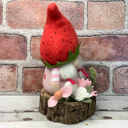 Strawberry Hat Gnome Girl & Flora on Natural Wood Base
