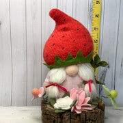 Strawberry Hat Gnome Girl & Flora on Natural Wood Base