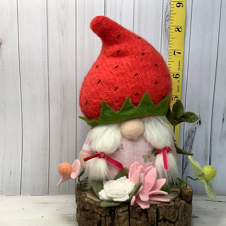 Strawberry Hat Gnome Girl & Flora on Natural Wood Base