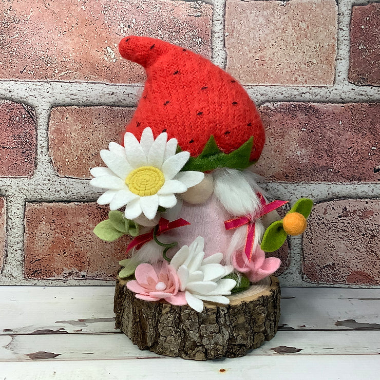 Strawberry Hat Gnome Girl & Flora on Natural Wood Base