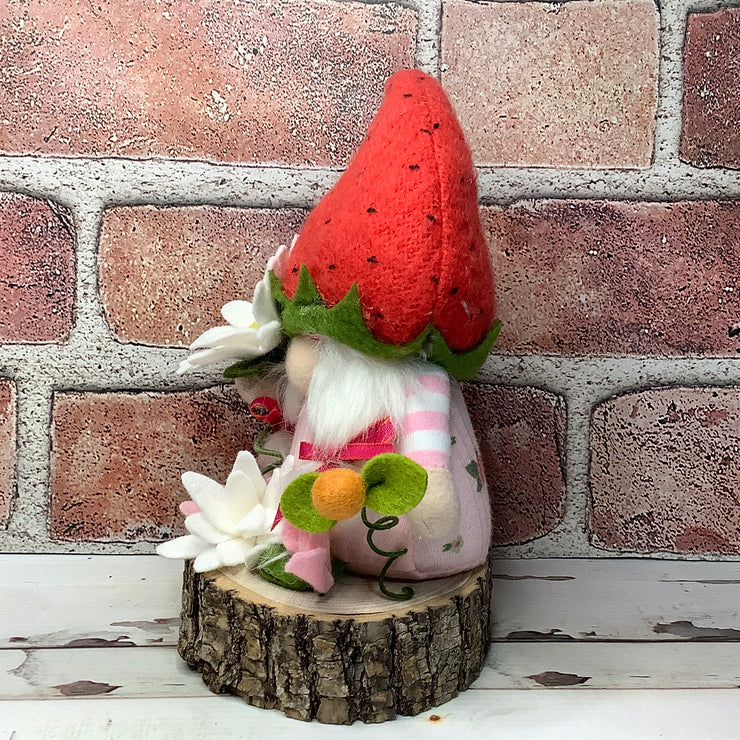 Strawberry Hat Gnome Girl & Flora on Natural Wood Base