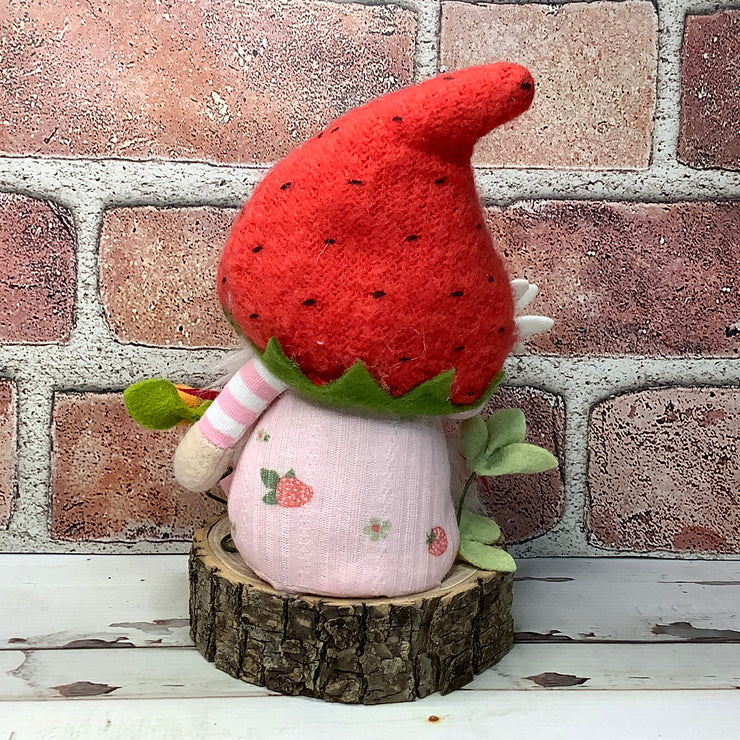 Strawberry Hat Gnome Girl & Flora on Natural Wood Base